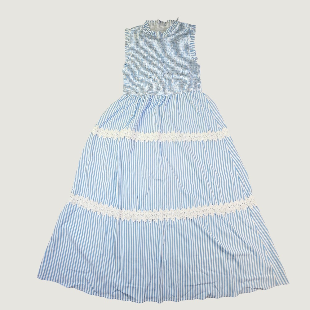 Women's Smocked Tiered Maxi Dress Size XL Blue White Striped Lace Trim New